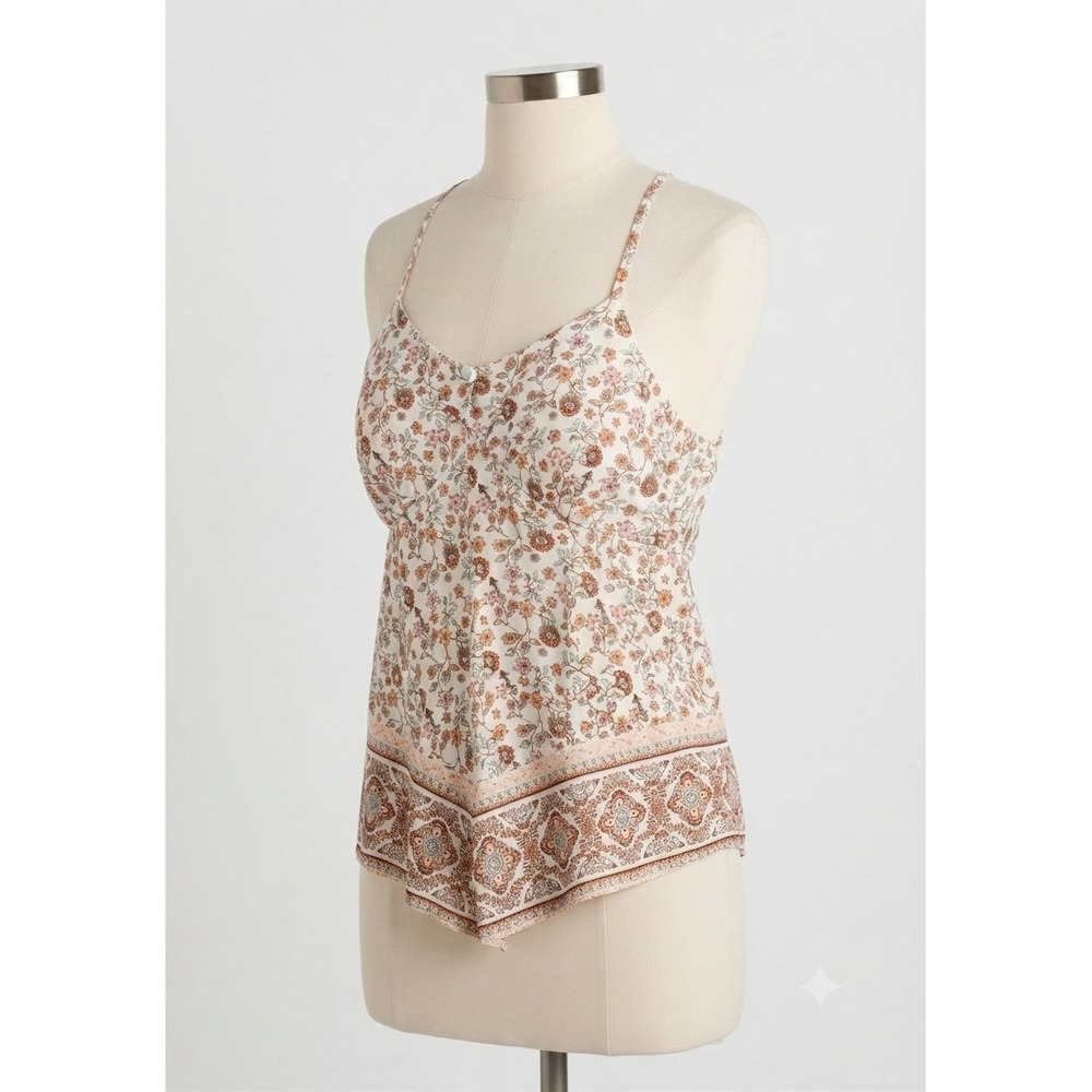 No Boundaries Scarf Top Winter White Floral Paisley Handkerchief Hem Cami Large